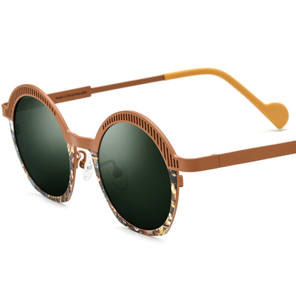 Retro Oval Titanium Polarized Sunglasses UV400 - Brown Dark Green Lens - MCROONS