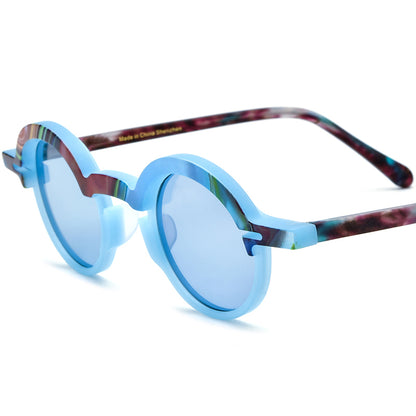Retro Multicolour Round Matte Acetate Polarized Sunglasses UV400 - Blue Blue Lens - MCROONS