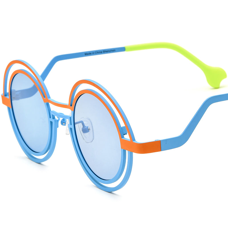 Colourful Titanium Double-Ring Round Polarised Sunglasses - Orange Blue Frame Blue Lens - MCROONS