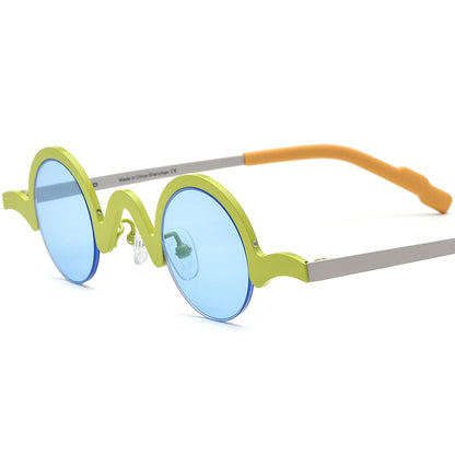 Titanium Semi-Rimless Round Polarised Sunglasses - Yellow Frame Blue Lens - MCROONS