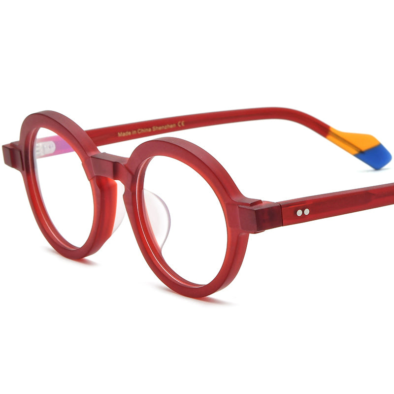 Colourblock Round Acetate Optical Glasses Frame - Matte Red - MCROONS