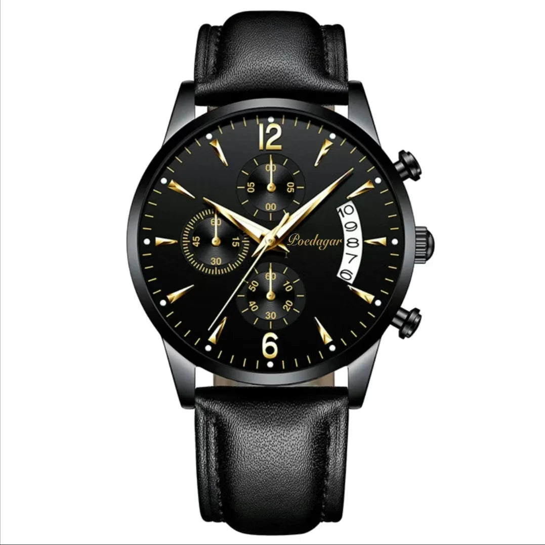 Poedagar 814 Men's Luxury Chronograph Quartz Watch – Leather Strap, Waterproof, Luminous, Date