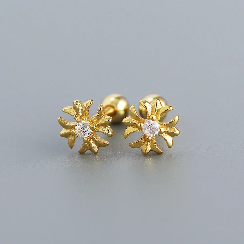 KR S925 Silver Instagram Flower Set Diamond Mini Screw Ear Studs Earbone Studs Sweet Earrings