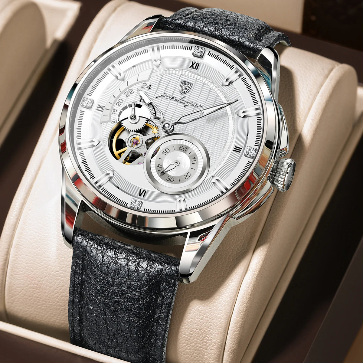 Poedagar 1427 Men's Luxury Automatic Mechanical Watch – Leather Strap, Waterproof, Luminous, Date