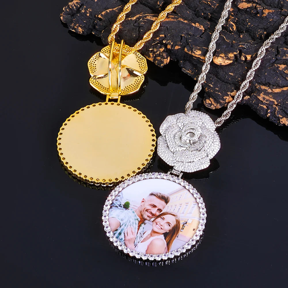 NOUYA Hip Hop Iced Out Zircon Necklace Women Micro Inlaid Zircon Circle Memory Custom Picture Flower Shaped Buckle Pendants