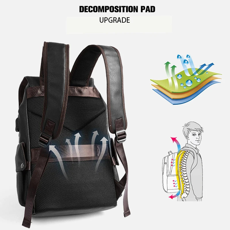 Custom Logo PU Leather Laptop Backpack Black Leather Bags Men Business Laptop Backpack for Men