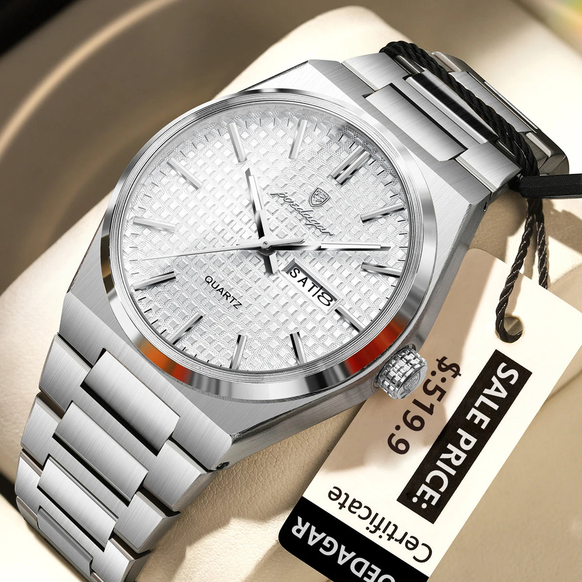 Poedagar 874 Men's Luxury Quartz Watch – Stainless Steel Band, Waterproof, Luminous, Date