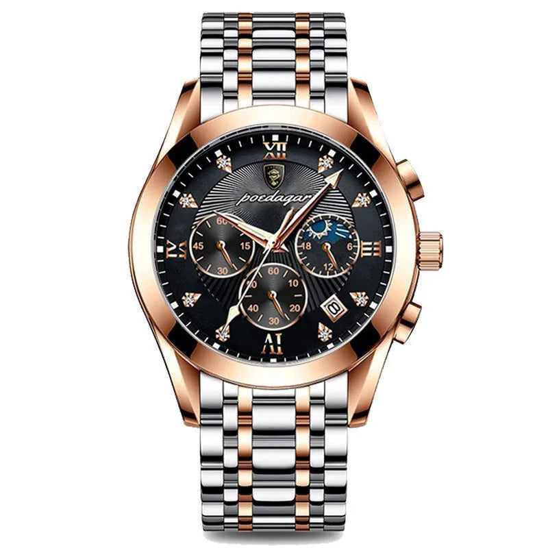 Poedagar 8208 Men's Luxury Quartz Watch – Stainless Steel Band, Waterproof, Luminous, Date