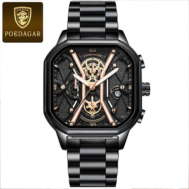 Poedagar 922 Men's Luxury Chronograph Quartz Watch – Leather Strap, Waterproof, Luminous, Date