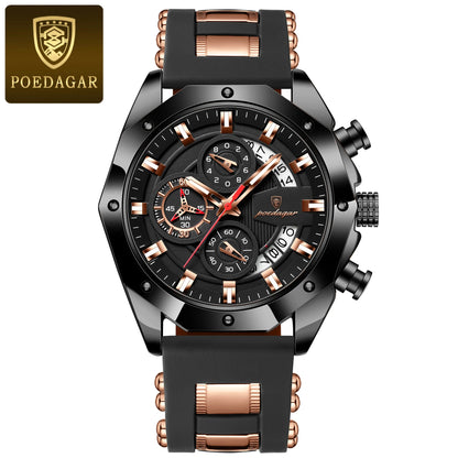 Poedagar 913 Men's Luxury Chronograph Quartz Watch – Silicone Strap, Waterproof, Luminous, Date