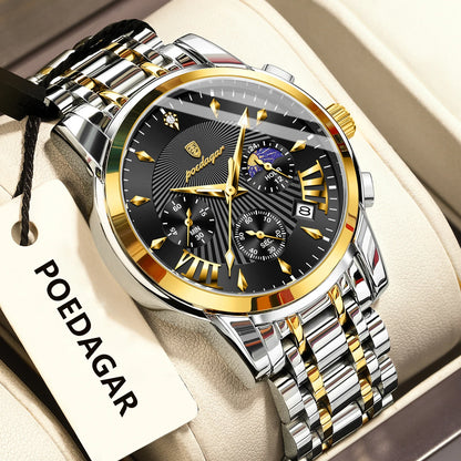 Poedagar 813 Men's Luxury Chronograph Quartz Watch – Stainless Steel Band, Waterproof, Luminous, Date