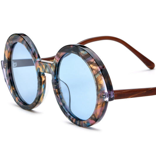 Vintage Polarized Round Sunglasses - Flower Blue Lens - MCROONS