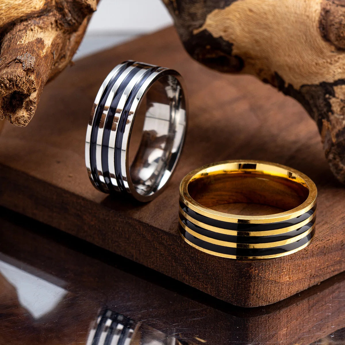 Stainless Steel 8Mm Wide Black Enamel Lines Men'S Ring Simple Fashion Gold Plated Color Ring Customized Man Jewelry Rings