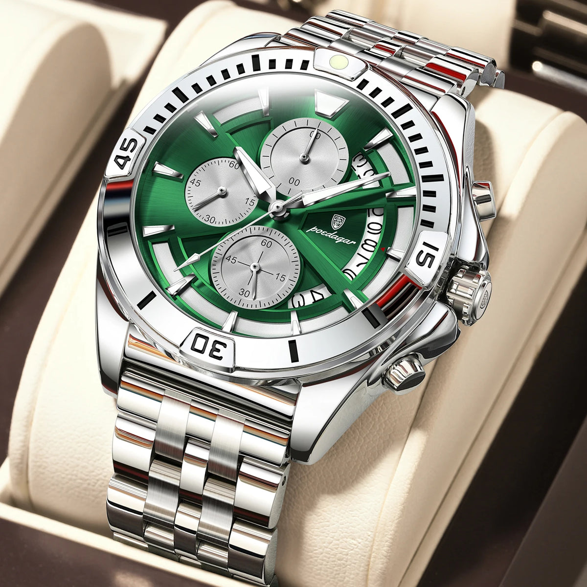 Poedagar 695 Men's Luxury Chronograph Quartz Watch – Stainless Steel Band, Waterproof, Luminous, Date