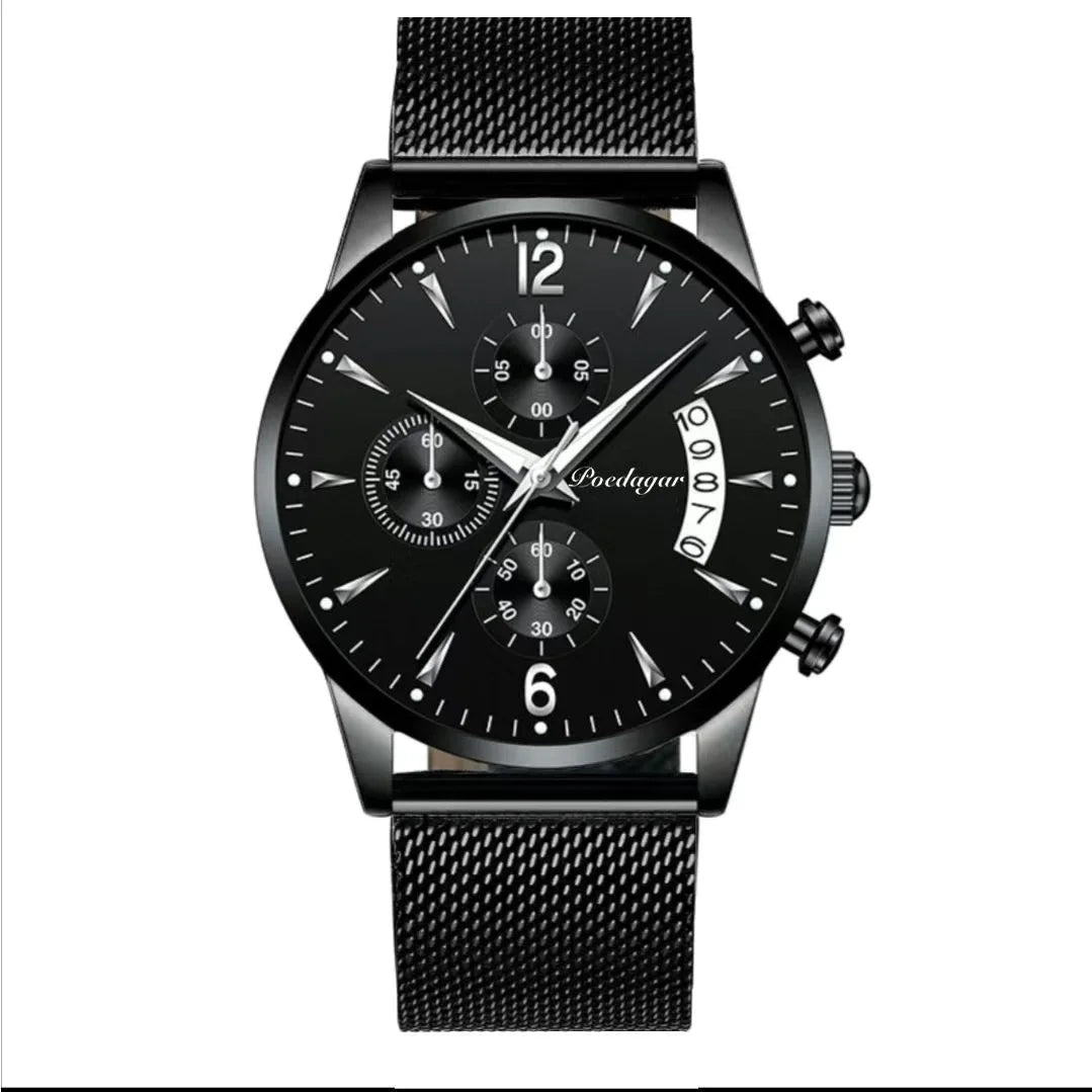 Poedagar 814 Men's Luxury Chronograph Quartz Watch – Leather Strap, Waterproof, Luminous, Date