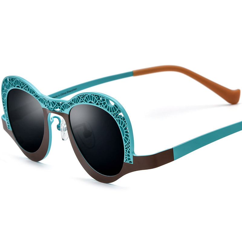 Colourful Titanium Small Cat Eye Polarised Sunglasses - Brown Blue Gray Lens - MCROONS