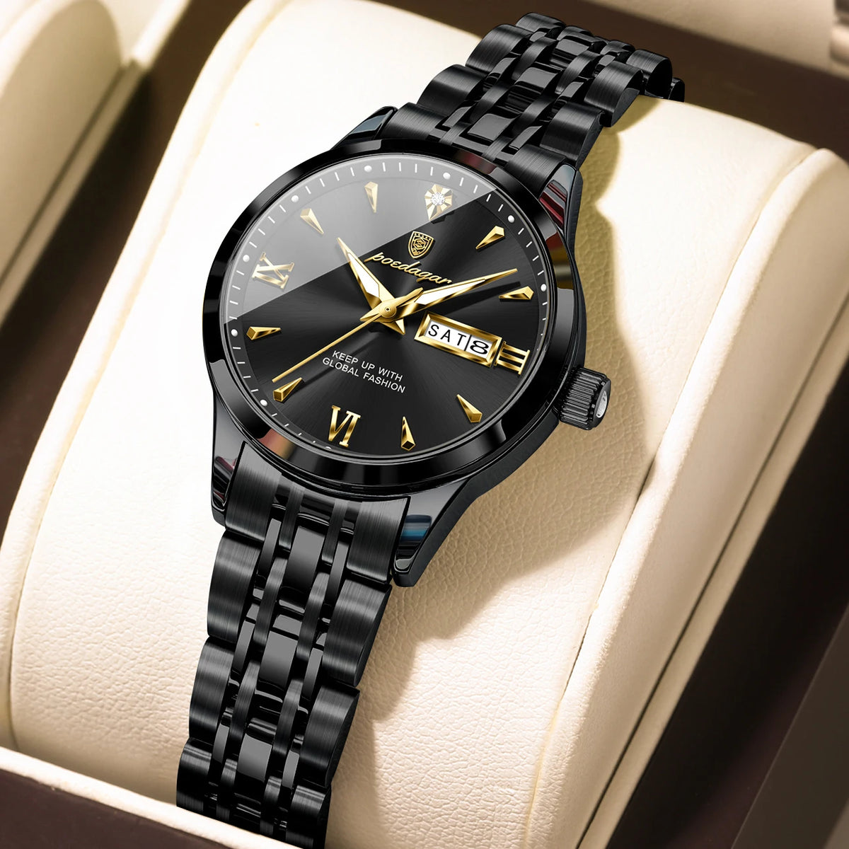 Poedagar 504 Women's Luxury Quartz Watch – Stainless Steel Band, Waterproof, Luminous, Date