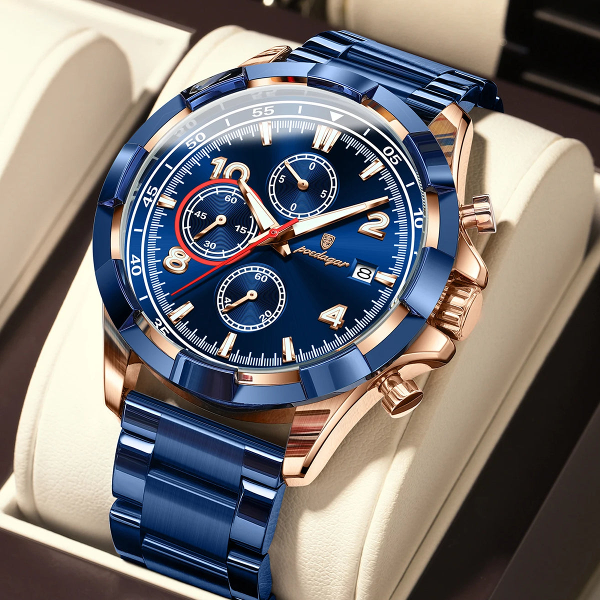 Poedagar 685 Men's Luxury Chronograph Quartz Watch – Stainless Steel Band, Waterproof, Luminous, Date