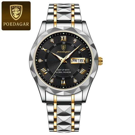 Poedagar 615 Men's Luxury Quartz Watch – Stainless Steel Band, Waterproof, Luminous, Date