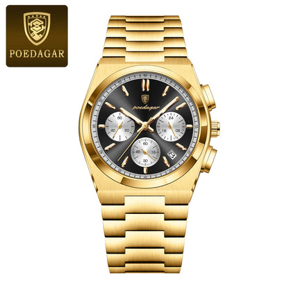 Poedagar 970 Men's Luxury Chronograph Quartz Watch – Stainless Steel Band, Waterproof, Luminous, Date