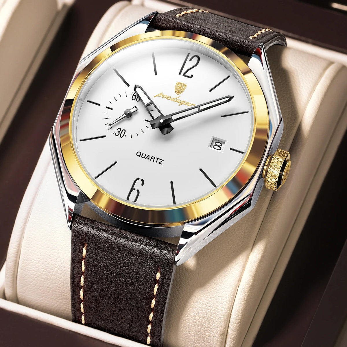 Poedagar 689 Men's Luxury Quartz Watch – Leather Strap, Waterproof, Luminous, Date