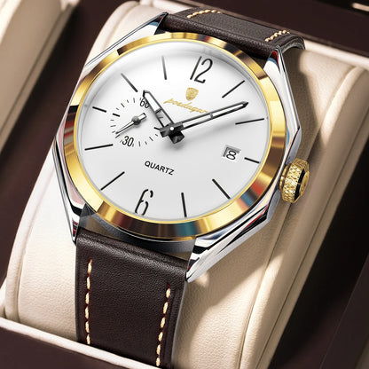 Poedagar 689 Men's Luxury Quartz Watch – Leather Strap, Waterproof, Luminous, Date