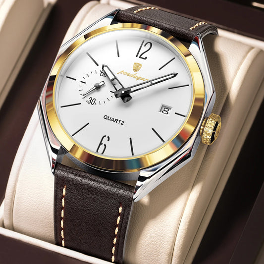 Poedagar 689 Men's Luxury Quartz Watch – Leather Strap, Waterproof, Luminous, Date