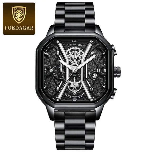Poedagar 922 Men's Luxury Chronograph Quartz Watch – Leather Strap, Waterproof, Luminous, Date