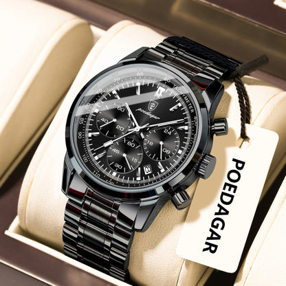 Poedagar 921 Men's Luxury Chronograph Quartz Watch – Stainless Steel Band, Waterproof, Luminous, Date