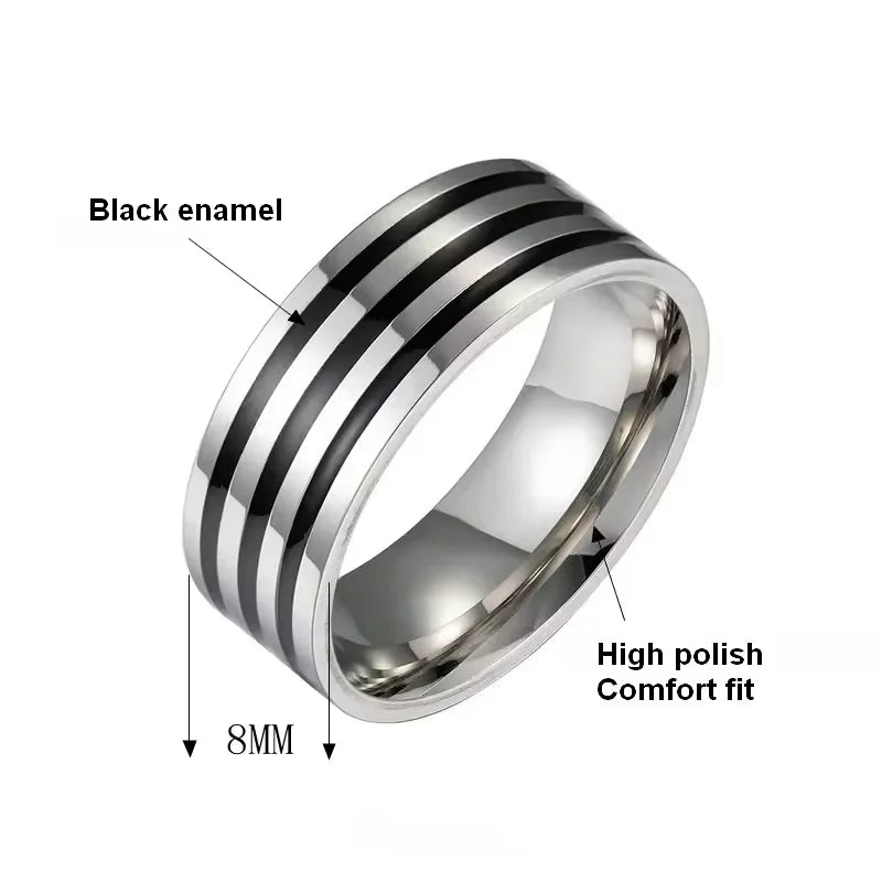 Stainless Steel 8Mm Wide Black Enamel Lines Men'S Ring Simple Fashion Gold Plated Color Ring Customized Man Jewelry Rings