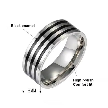 Stainless Steel 8Mm Wide Black Enamel Lines Men'S Ring Simple Fashion Gold Plated Color Ring Customized Man Jewelry Rings