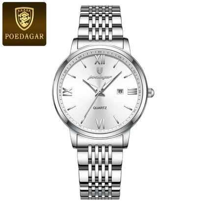 Poedagar 716 Women's Luxury Quartz Watch – Stainless Steel Band, Waterproof, Luminous, Date