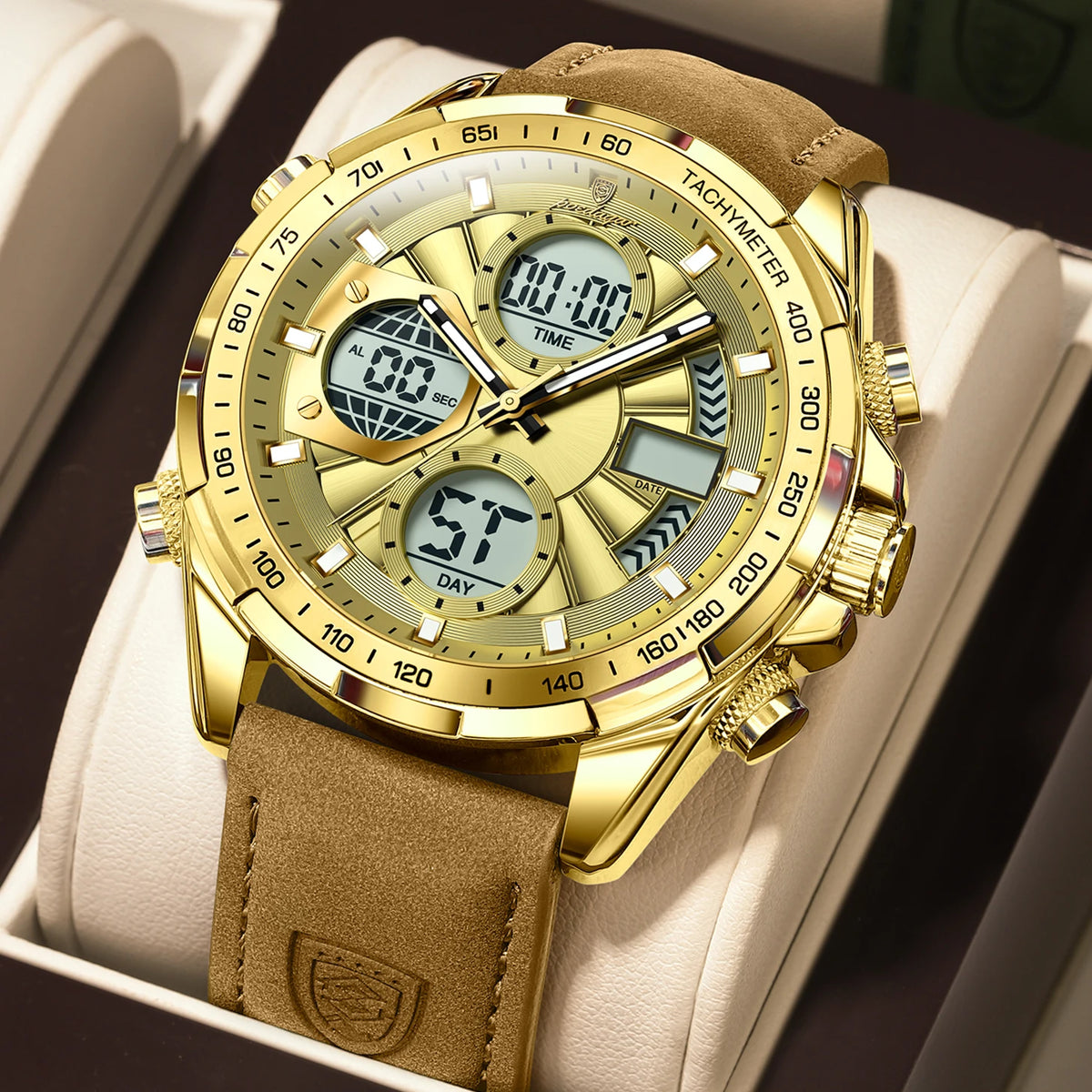 Poedagar E108 Men's Luxury Chronograph Quartz Watch – Leather Strap, Waterproof, Luminous, Date