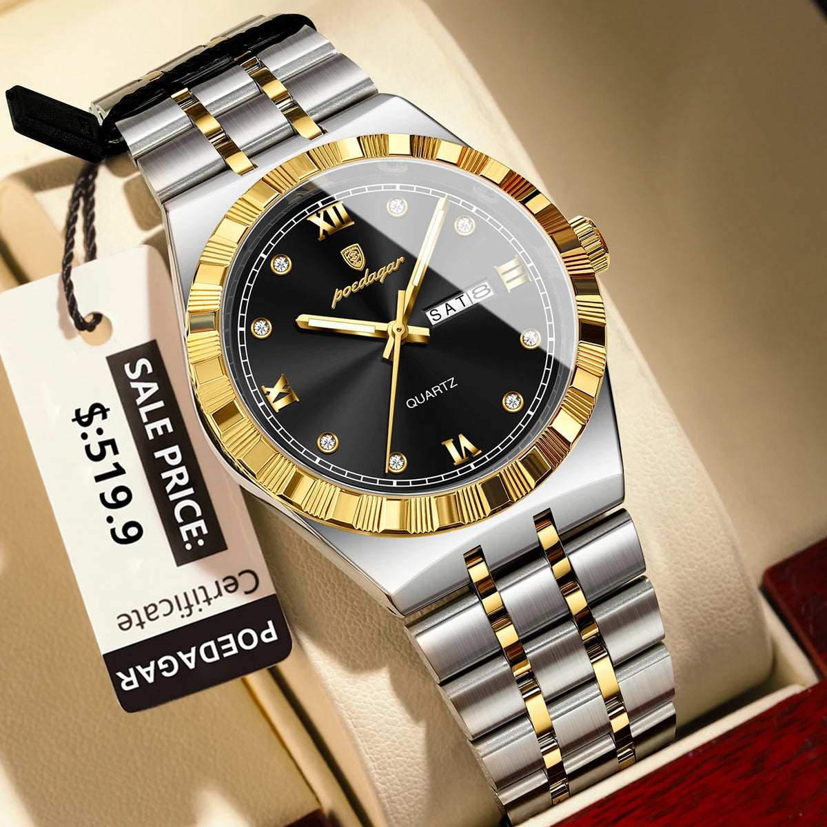 Poedagar 872 Men's Luxury Quartz Watch – Stainless Steel Band, Waterproof, Luminous, Date
