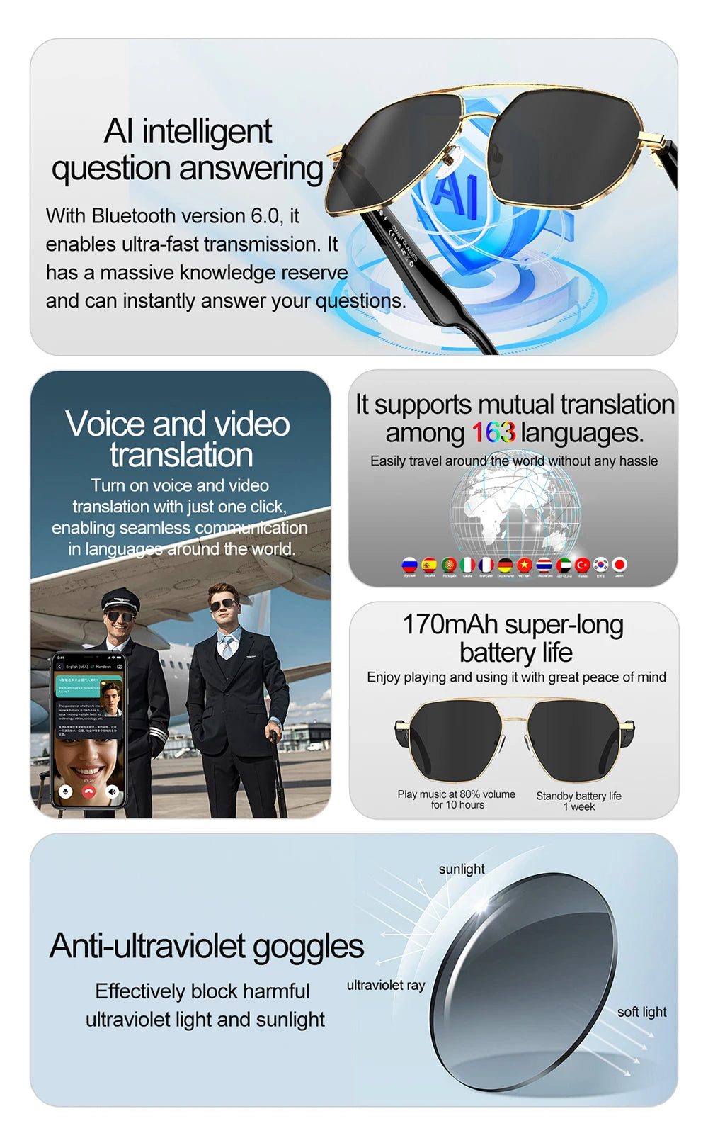 Lunettes de soleil MCROONS Smart AI Translation — Montures pilotes avec traduction en 163 langues