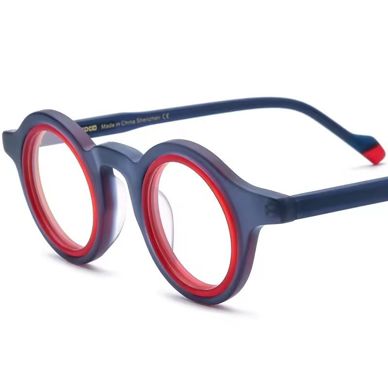 Retro Round Matte Acetate Optical Glasses Frame - Blue Red - MCROONS