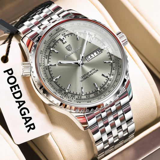 Poedagar 673 Men's Luxury Quartz Watch – Stainless Steel Band, Waterproof, Luminous, Date