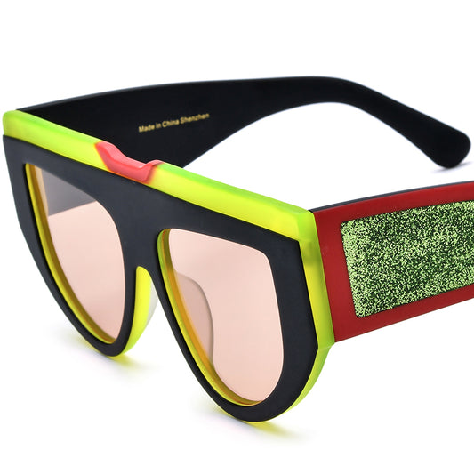 Matte Acetate Cat Eye Sunglasses Oversized Retro - Black Green Pink Lens - MCROONS