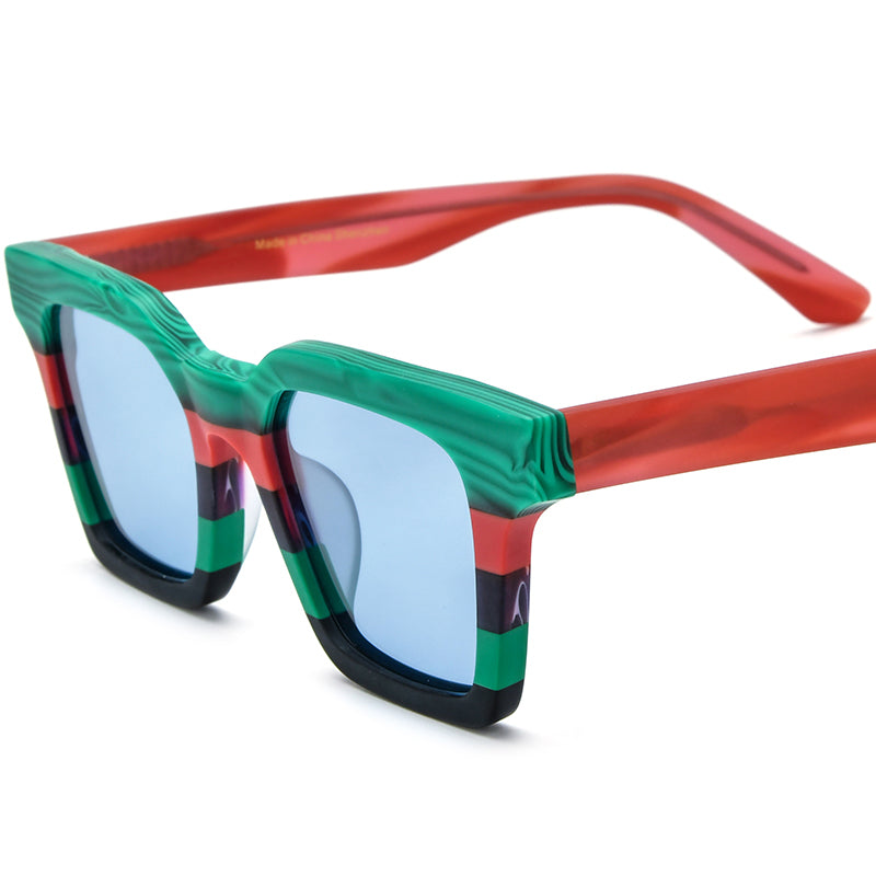 Retro Colour-Block Acetate Square Polarized Sunglasses - Green Red Blue Lens - MCROONS