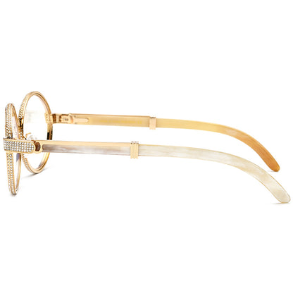 Diamond-Set Round Buffalo Horn Optical Glasses - MCROONS - White side view