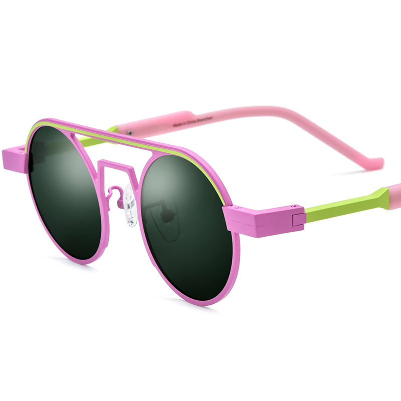 Colourful Titanium Round Polarised Sunglasses - Pink Dark Green Lens - MCROONS