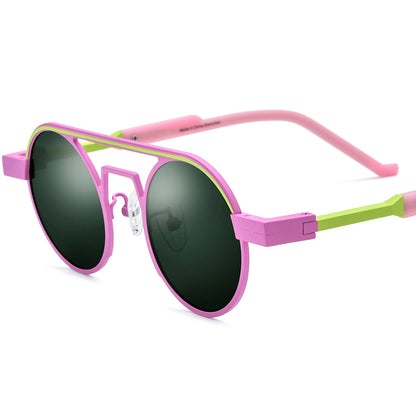 Colourful Titanium Round Polarised Sunglasses - Pink Dark Green Lens - MCROONS