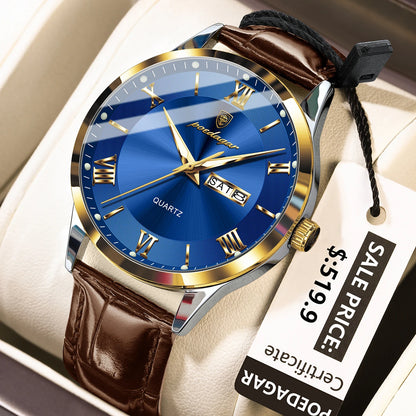 Poedagar 978 Men's Luxury Quartz Watch – Leather Strap, Waterproof, Luminous, Date