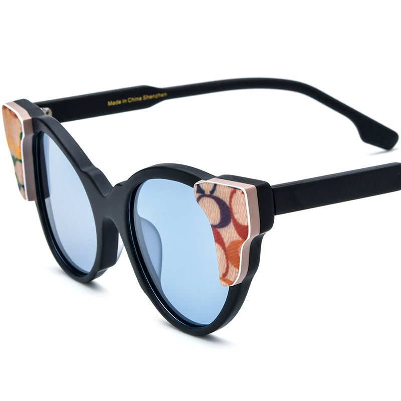 Matte Acetate Cat Eye Sunglasses Polarized Retro - Black/Blue Lens - MCROONS