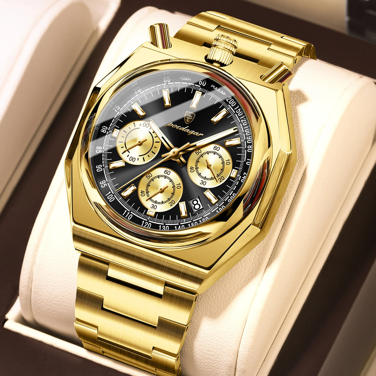 Poedagar 897 Men's Luxury Chronograph Quartz Watch – Stainless Steel Band, Waterproof, Luminous, Date