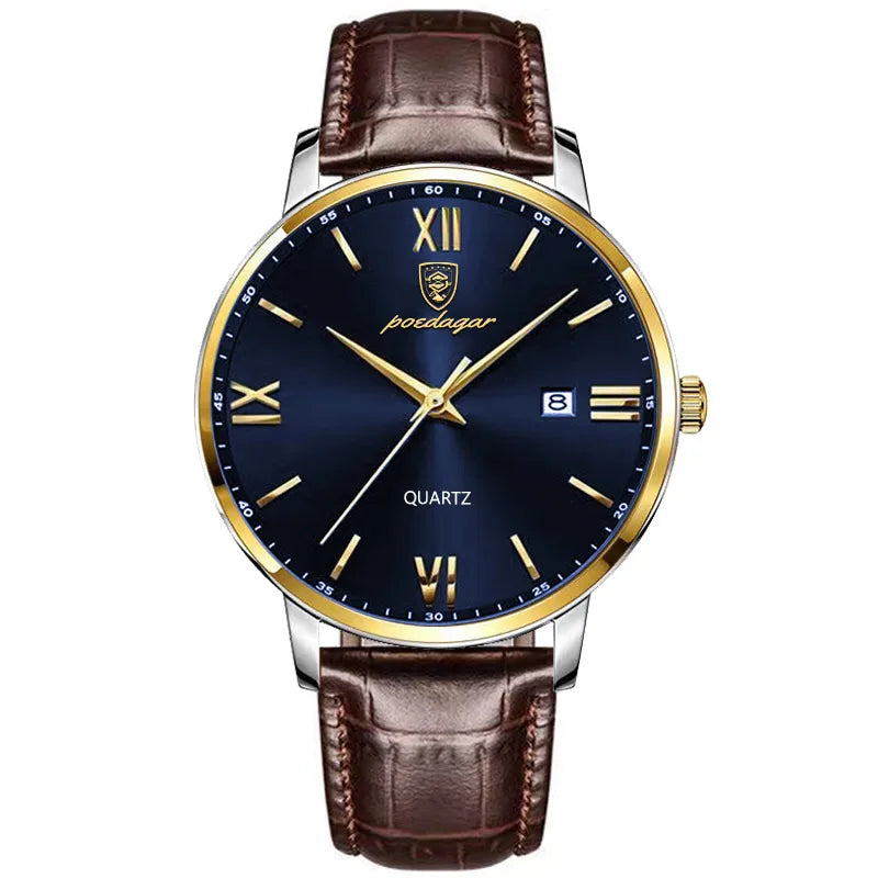 Poedagar 826 Men's Luxury Quartz Watch – Leather Strap, Waterproof, Date