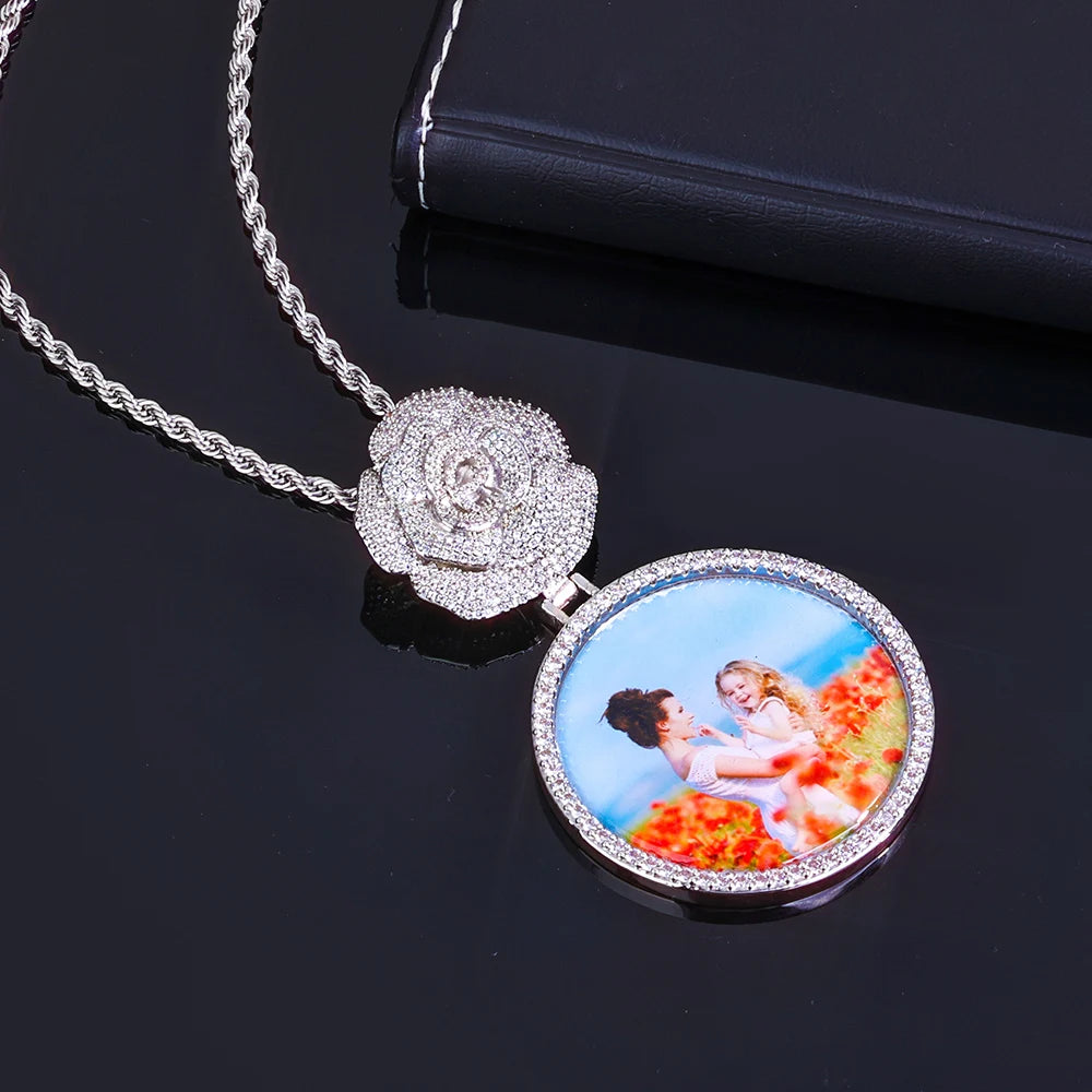 NOUYA Hip Hop Iced Out Zircon Necklace Women Micro Inlaid Zircon Circle Memory Custom Picture Flower Shaped Buckle Pendants