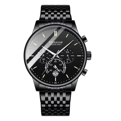 Poedagar 632 Men's Luxury Chronograph Quartz Watch – Stainless Steel Band, Waterproof, Luminous