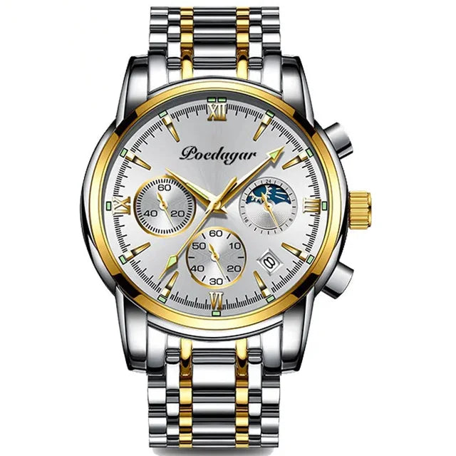 Poedagar 8058 Men's Luxury Quartz Watch – Stainless Steel Band, Waterproof, Luminous, Date