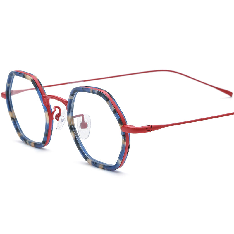 Retro Acetate Titanium Hexagon Optical Glasses - Red - MCROONS